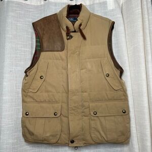 Vintage Polo Ralph Lauren Down Hunting Vest Wool Lined Tan Cargo Utility Mens XL